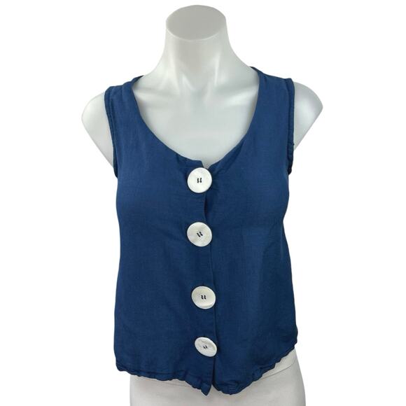 MNG Mango Blue Linen Blend Scoop Neck Button Sleeveless Tank Vest Top Size XS - Picture 1 of 4